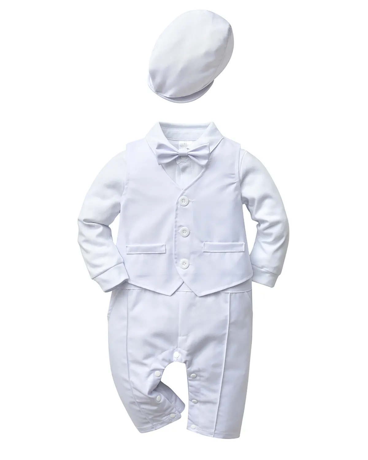 Baby Boys White battesimo pagliaccetti Set manica lunga papillon Gentlemen Suit matrimonio compleanno battesimo festa fotografia vestiti