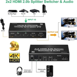 4K 2x2 HDMI Switch <strong>Switcher</strong> <strong>Splitter</strong> <strong>2</strong> in <strong>2</strong> Out 4K@60hz with Optical Toslink SPDIF+3.5mm Jack Audio Extractor HDR HDCP <strong>2</strong>.<strong>2</strong> RGB