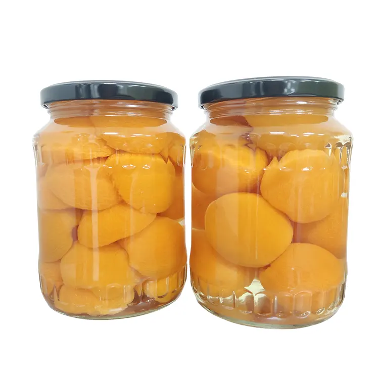 중국 공급 업체 건강 식품 통조림 유리 병 캔 절반 노란색 복숭아