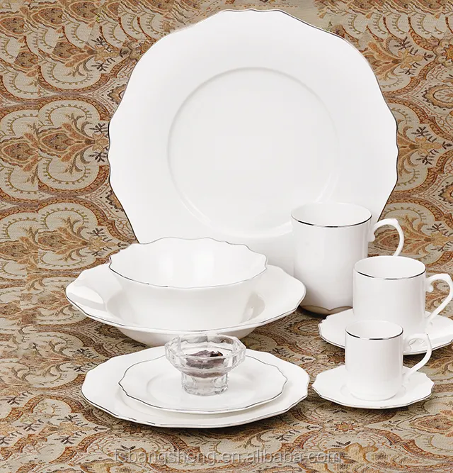 Juego de cena de cerámica con borde de oro blanco, vajilla de porcelana china de hueso fino para boda y restaurante, venta al por mayor, barato