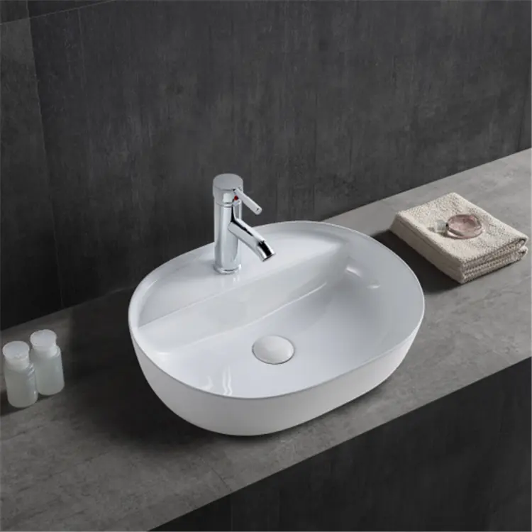 Lavabo europeo in ceramica ovale da appoggio bianco arte bacino sopra il bancone bagno vanità lavabo lavelli della nave