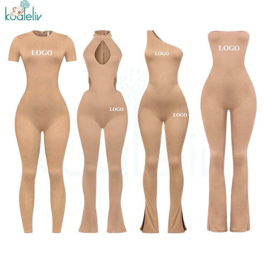 Kustom LOGO sederhana spandeks olahraga Romper Bodycon wanita Jumpsuit seksi satu potong Yoga kebugaran suar Jumpsuit untuk wanita