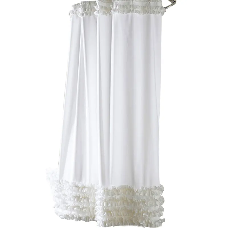 Luxury White Lace Home Decoration Waterproof Solid Polyester Fabric Bath Bathroom Shower Curtains with Metal Hooks