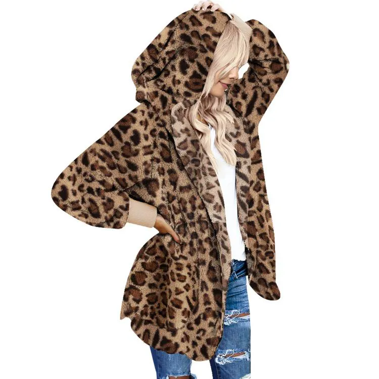 Casaco de lã macio com capuz feminino, estampa de leopardo