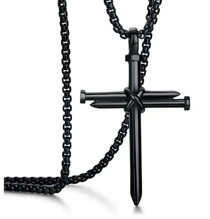 Perhiasan Pria kalung baja tahan karat hitam liontin salib kuku kalung rantai hadiah baptisan gereja Kristen untuk pria grosir