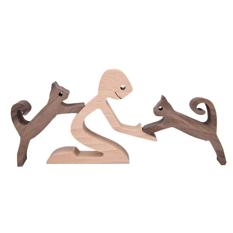 Unique Design At Figurines Home Decor Nature Wood Carved A Man Two Cats Sculpture