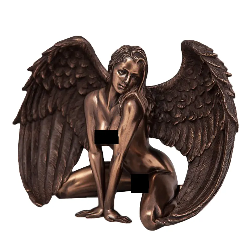 Escultura de pose graciosa em bronze de resina personalizada, estátua de anjo de bronze com asas, estatuetas femininas