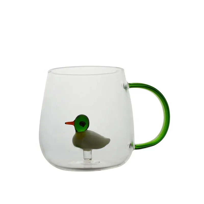 Taza de vidrio decorativa 3d con figuritas dentro del pato, vasos de riego con mango para beber