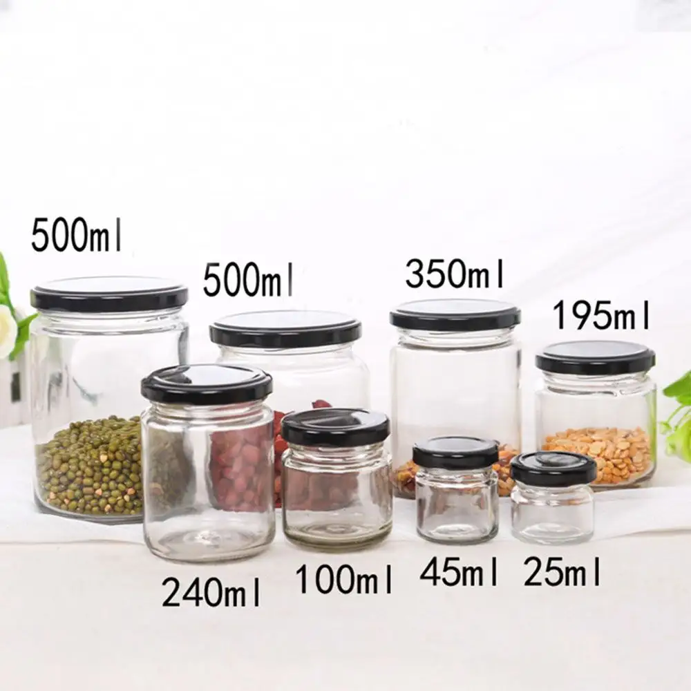 25ml - 1000ml Vacío Redondo Hermético Pickle Conservas Mermelada Contenedor de vidrio para alimentos Tarro de almacenamiento con tapa de metal