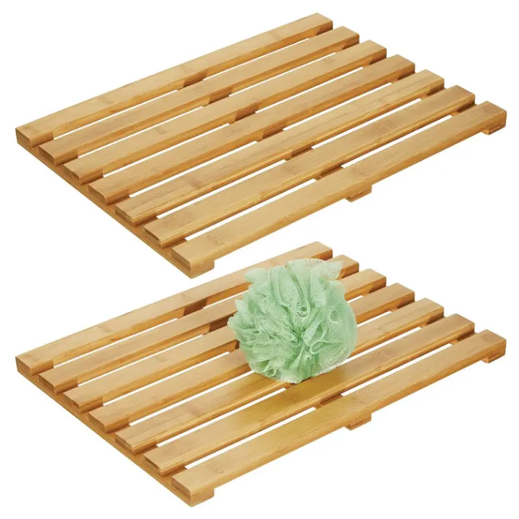 Conjunto de 2 tapetes de banheiro de bambu, tapete de banheiro retangular antiderrapante e antiderrapante