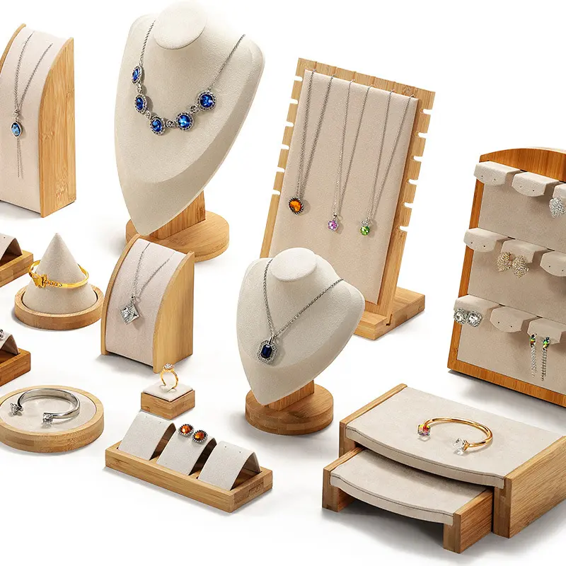 Sundo, atacado de alta qualidade, veludo, joias, loja, adereços, colar, brincos, bambu, joias, estante, exibição, conjunto de luxo