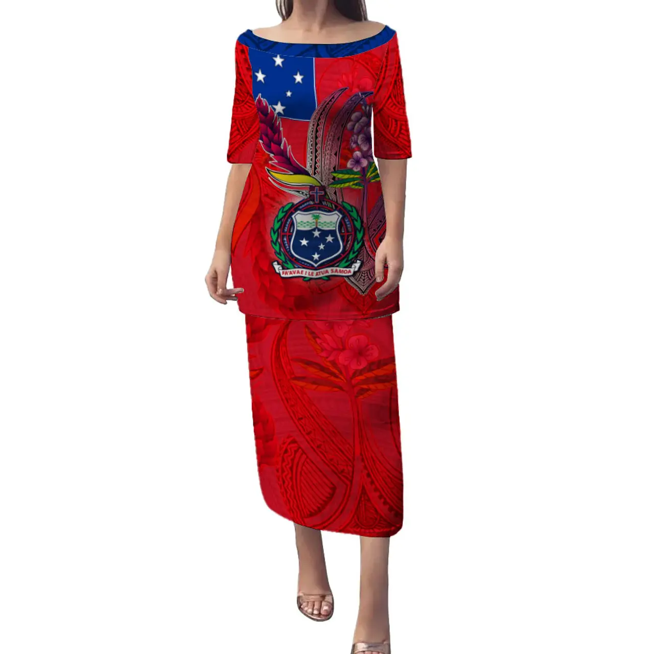 Samoa Puletasi Oem Großhandel Samoa Flagge Mit Siegel Teuilia Blumen Tradition Muster Plus Size Kleid Benutzer definiertes Logo Eleganter Rock