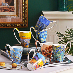 Coffee <strong>Cups</strong> Ceramic European Van Gogh's Famous Paintings <strong>Literary</strong> Bone China <strong>Cup</strong> Custom 550ml Large Capacity Mug Special Handle - Product Image 2