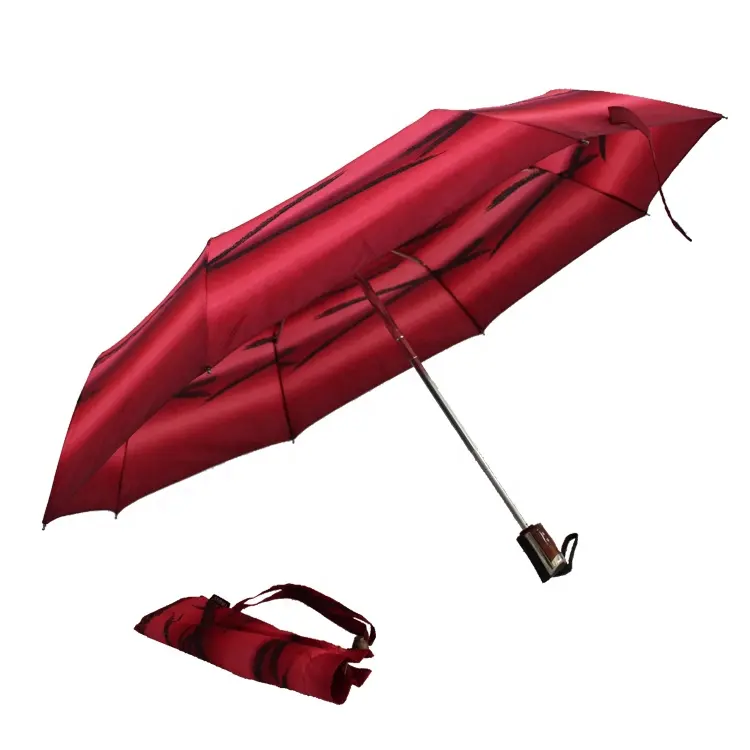 Kaliteli ipek kumaş kumaş otomatik üç kat yağmur şemsiye ile taşıma çantası