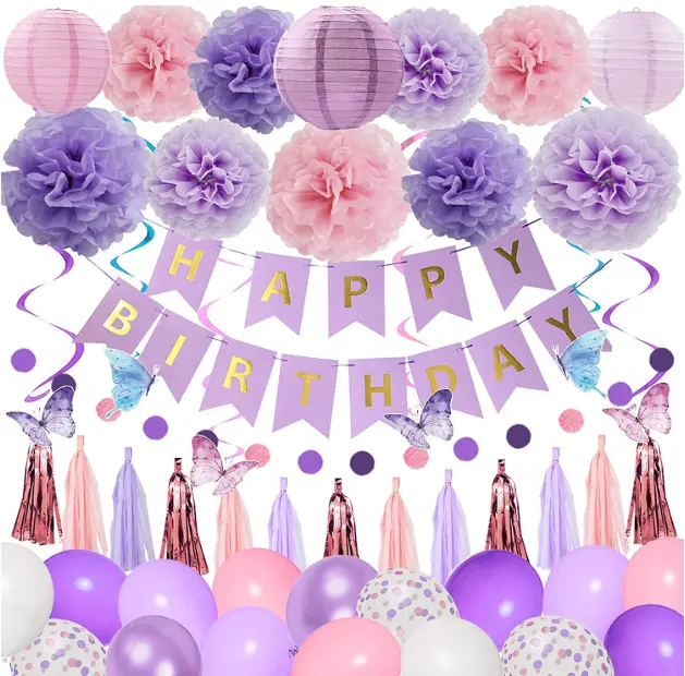 나비 여자 생일 이벤트 파티 용품 색종이 풍선 생일 배너 교수형 호일 소용돌이 술 종이 폼 장식