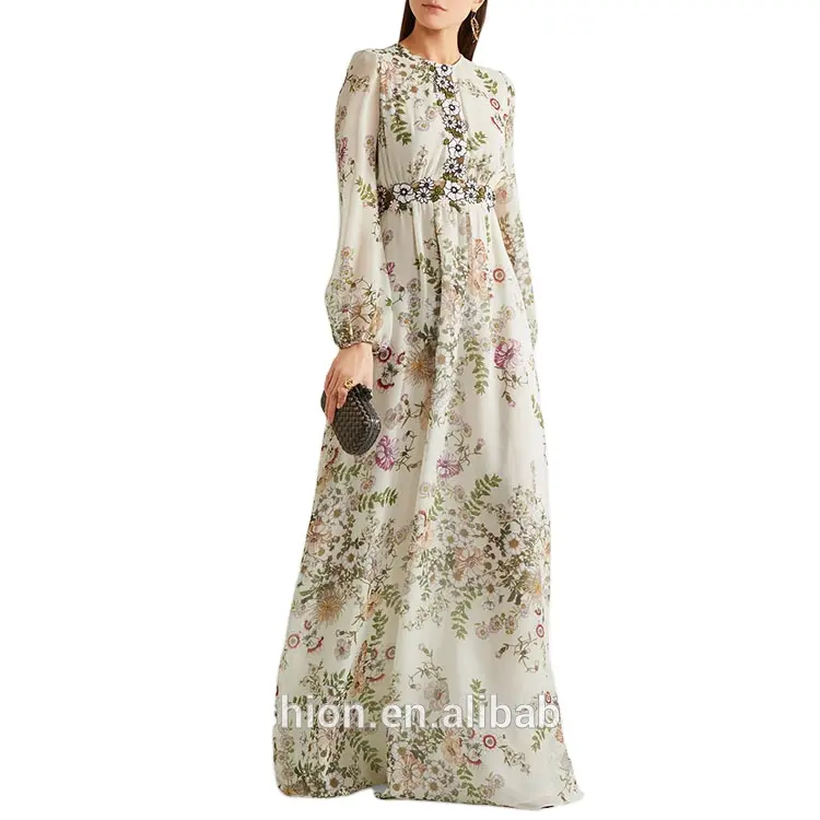 גבירותיי המוסלמי מקסי פרחוני רקמת יוקרה שמלת ערב אלגנטי ארוך שמלות לנשים שמלות ערב ארוך שרוול