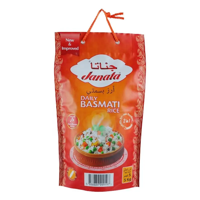 Individuelles Logo bedruckte Packungsbeutel für Thailand Basmati Reis 1 kg 2 kg 5 kg 10 kg Kunststoff-Reis-Verpackungsbeutel mit Seilgriff