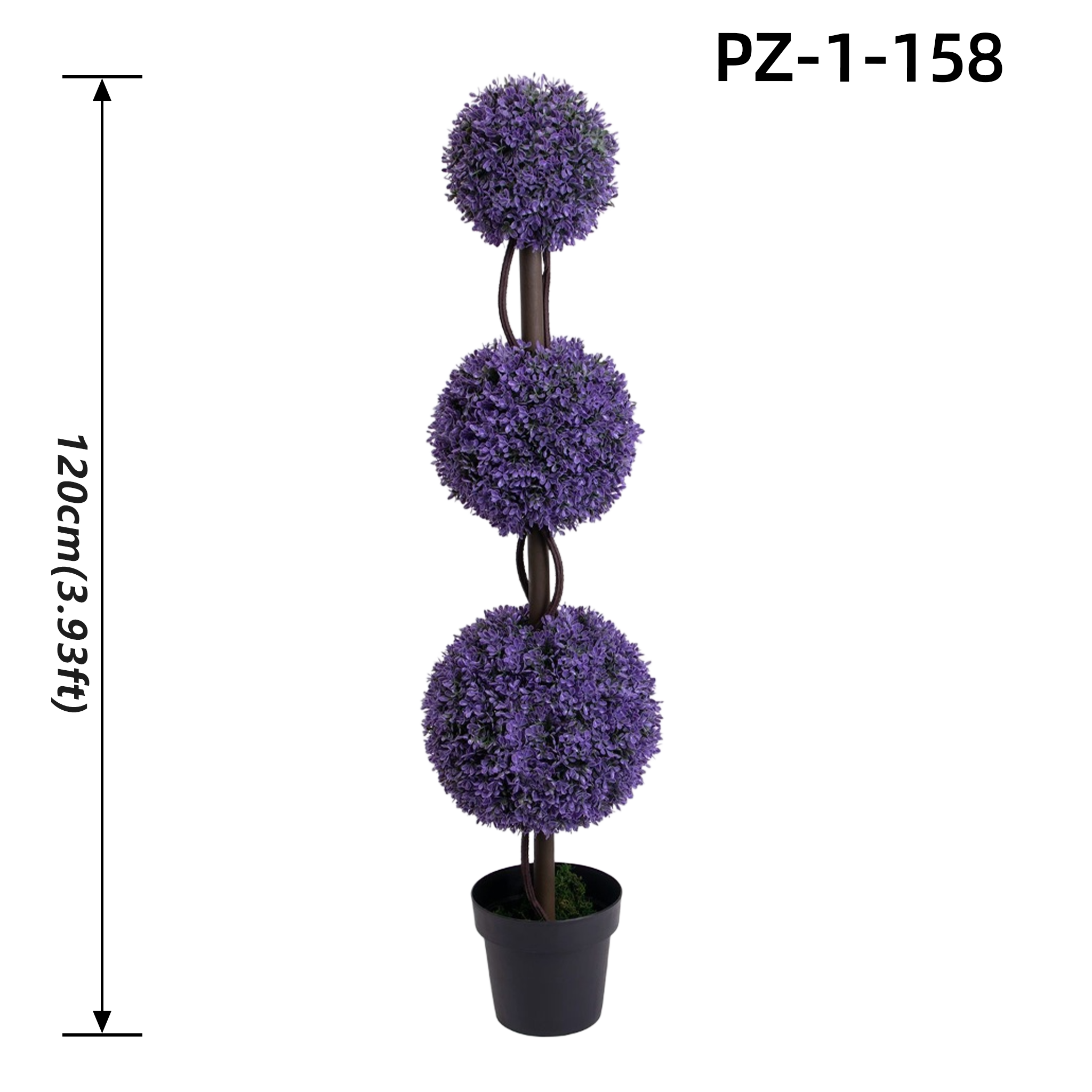 Arbre topiaire artificiel violet à triple boule de fleurs (120 cm/3,93 pieds)