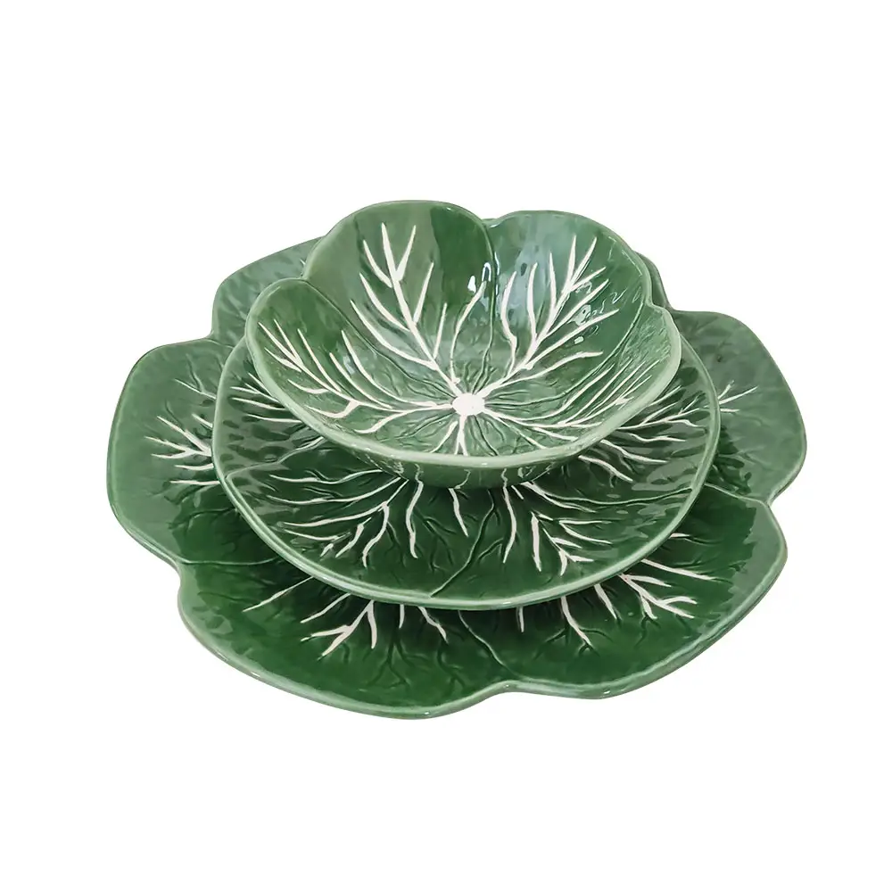 Plato de cena de cerámica de repollo verde Vintage, juego de platos de postre de ensalada de porcelana, plato de cargador de boda en relieve para vegetariano