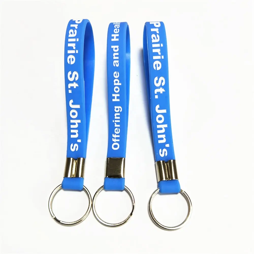 hot selling custom logo print stand size silicone bracelet keychain with metal key ring
