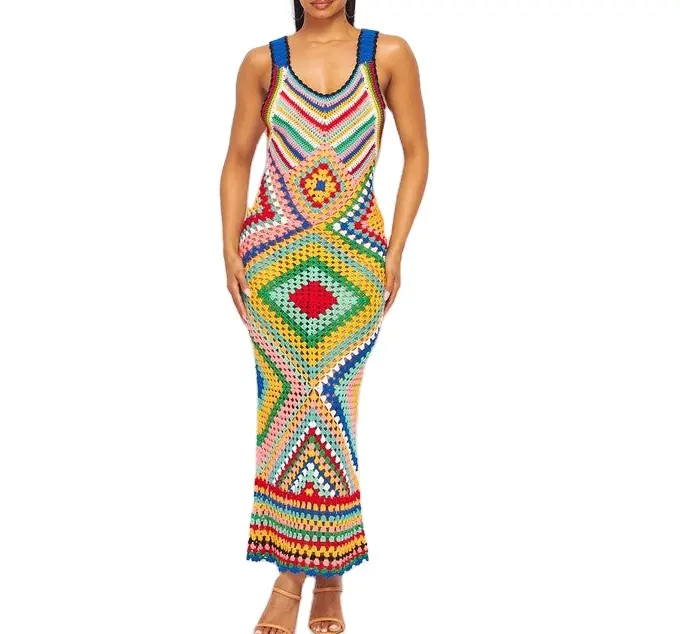 2024 mujeres Sexy Multi colorido ver a través de prendas de punto patrón de diamantes RacerBack Boho largo ganchillo vestido Maxi de punto