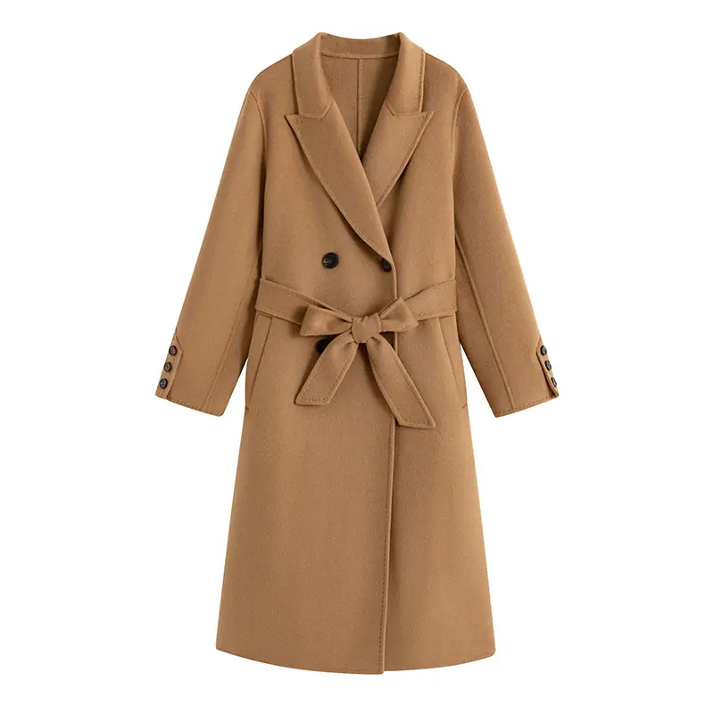Женское классическое шерстяное кашемировое пальто с V-образным вырезом и двумя лацканами с поясом