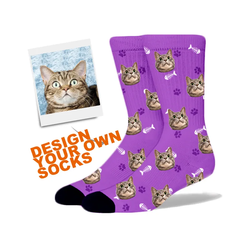 El diseño de su propia foto gato cara de impresión de la sublimación animal 3d impreso calcetines logotipo personalizado impreso Calcetines