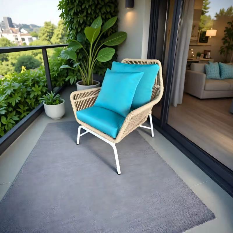 White frame rope-woven casual chair Blue seat cushion