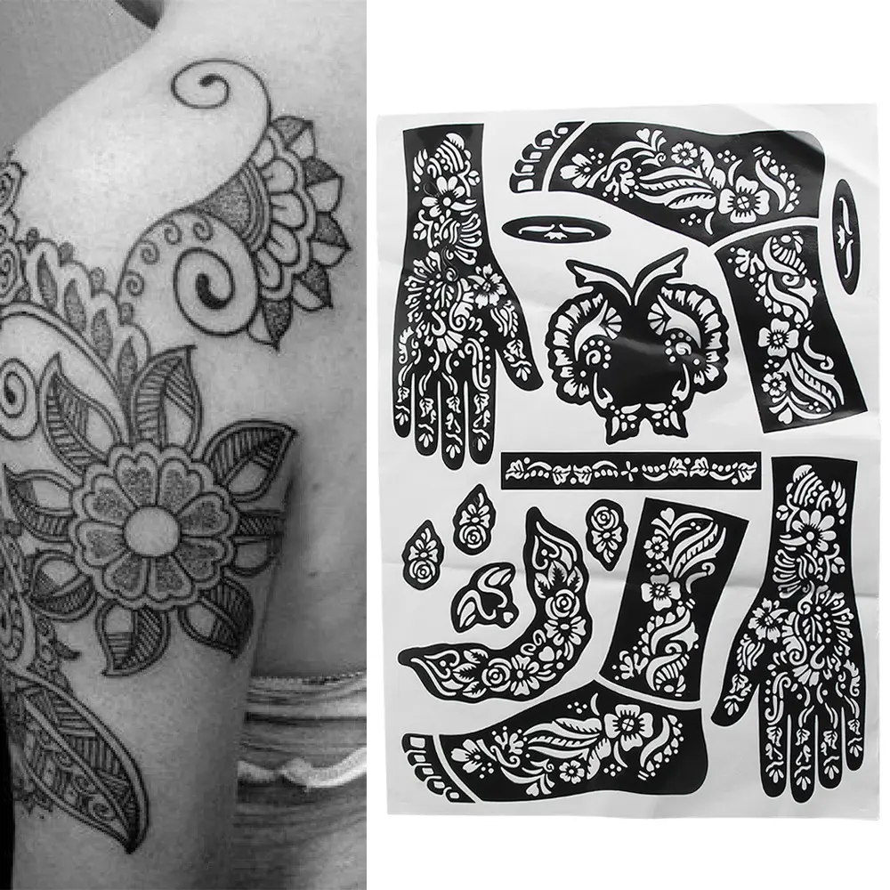 Tinta de tatuagem temporária, estêncil de mão para dedo, modelo de tatuagem de henna