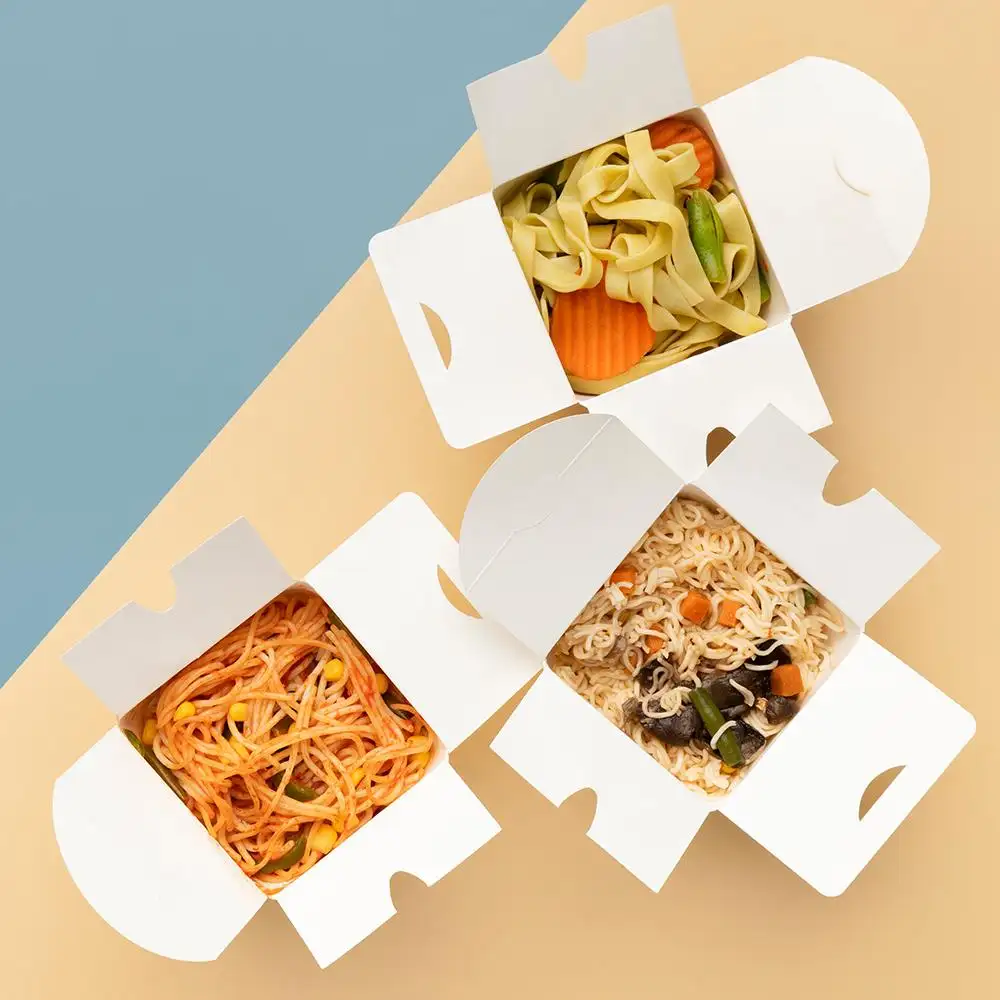 Ustom-Caja desechable para llevar comida china en restaurante, contenedor de Papel kraft para llevar fideos con asa