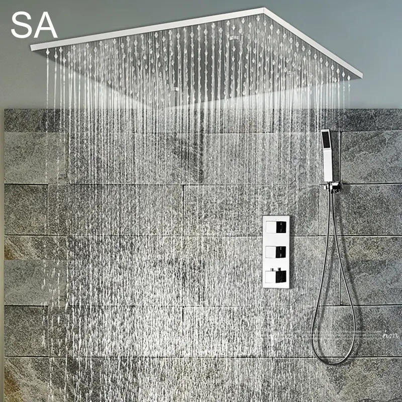 Modern style stainless steel square rainwater LED brass shower installed on the ceiling