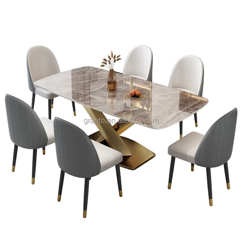 Meubles d'intérieur modernes table à manger à cadre or rose avec chaise en cuir ensemble de salle à manger en métal en acier inoxydable