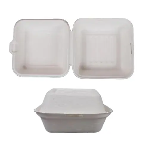 Bagasse kotak Makanan Cepat makanan kotak makan siang Clamshell wadah mudah terurai ramah lingkungan sekali pakai