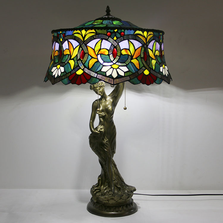 LongHuiJing Newly Handmade Glass Desk Lights 20Inch European Stained Glass Green Leaf Tiffany Table Lamp