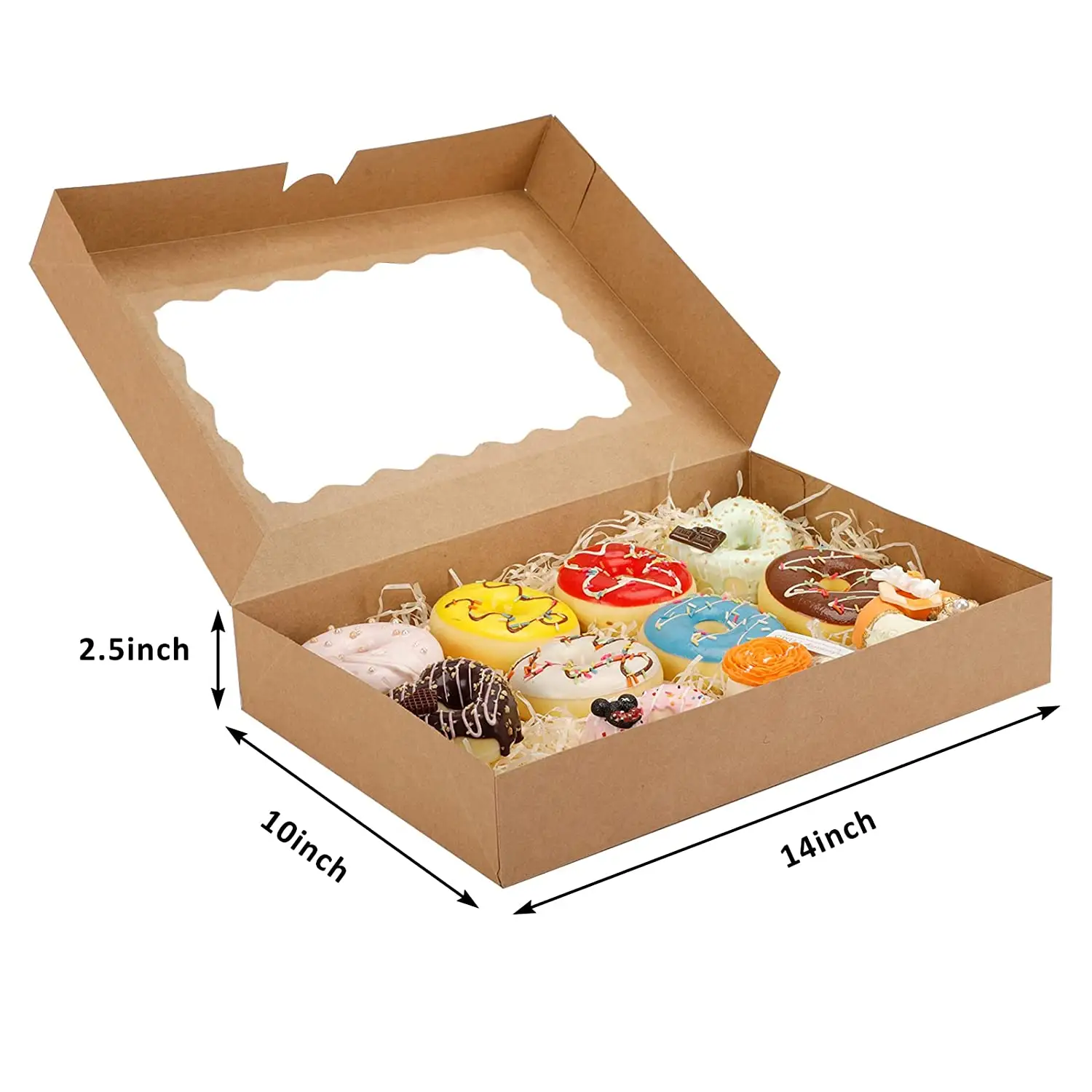 Cajas de panadería de 14 pulgadas con ventana, 14 "x 10" x 2,5 ", marrón, para Chocolate, fresas, dónuts, Pies