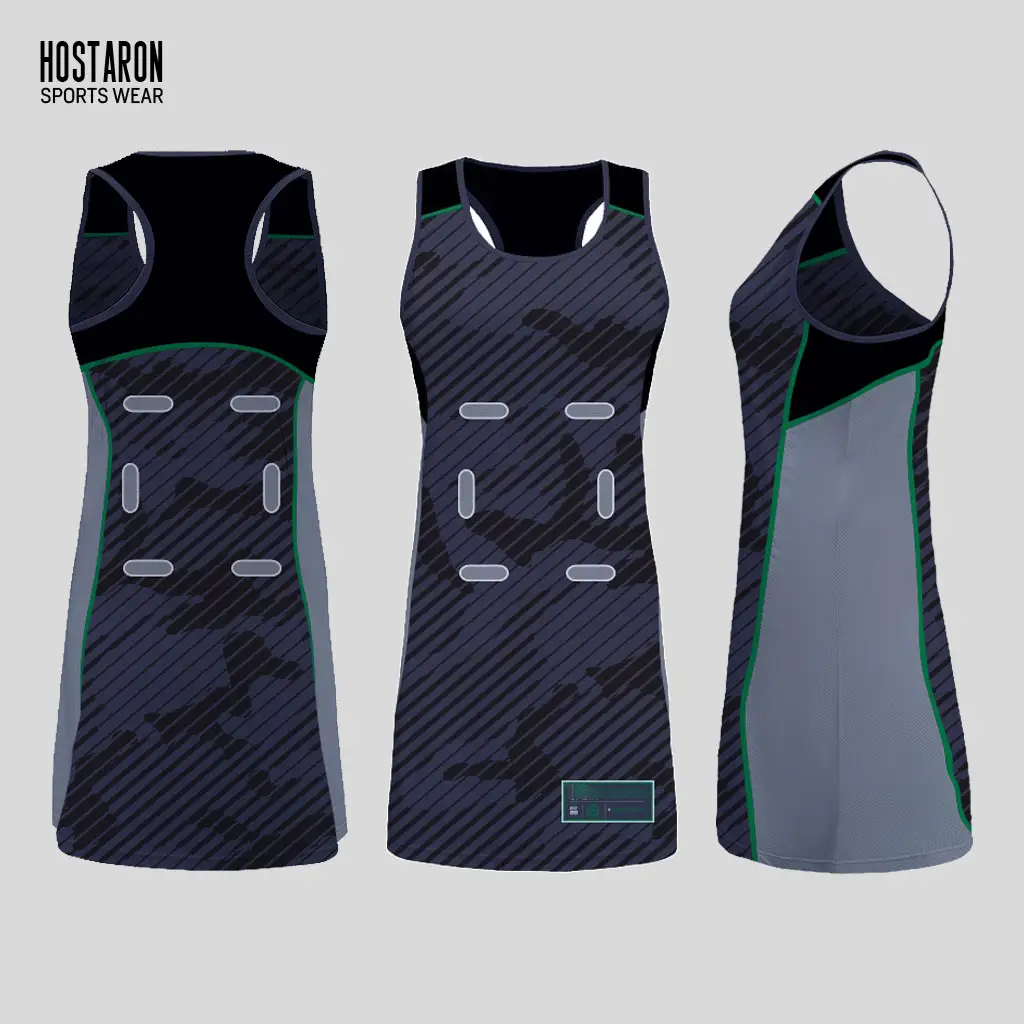 HOSTARON Vestido de tênis uniforme de Netball totalmente por sublimação, com babadores, body de Netball personalizado e sublimado