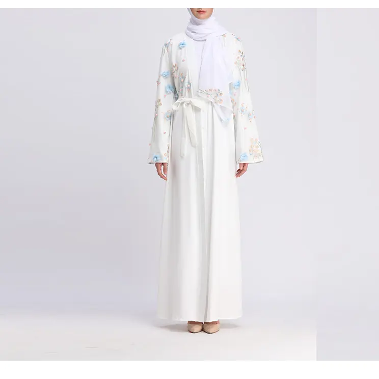 Femmes soloid blanc Ouvert Abaya Dubaï Caftan Islamique Musulman Femmes Broderie Florale Robe sans écharpe mariage nuit vêtements de travail