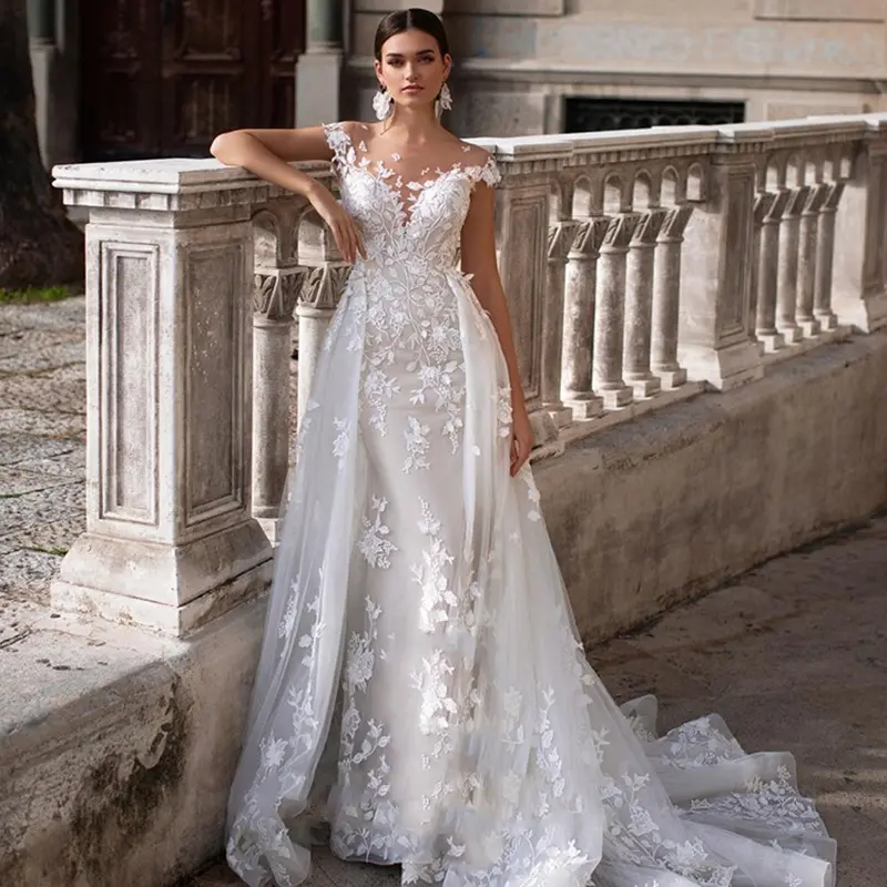 Abito da sposa Sexy in pizzo 2023 treno vestidos de novia playa abiti da sposa da spiaggia su misura abiti da ragazza di fiori per il matrimonio