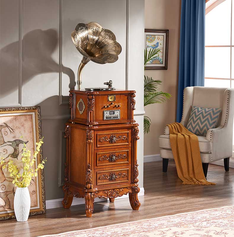 vintage design Wooden desktop record player vinyl and gramophon turntable phonograph in western style restaurant