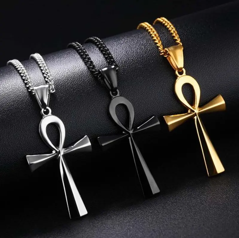 Hip Hop-bijoux chrétien pour hommes, Kolye classique religieux, collier en or égyptien Ankh Crucifix croix pendentif