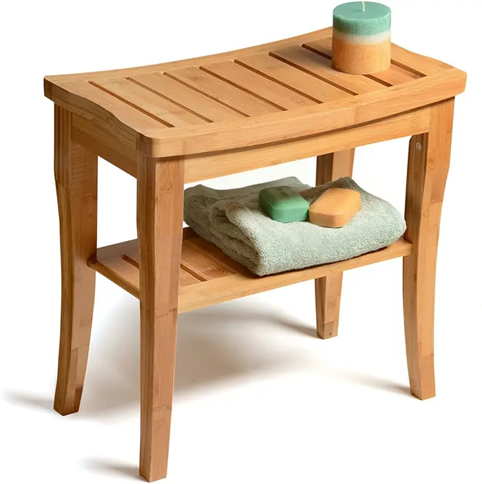 Shower Bench Stool with Shelf Bamboo Spa Bathroom Decor Wood Seat Bench