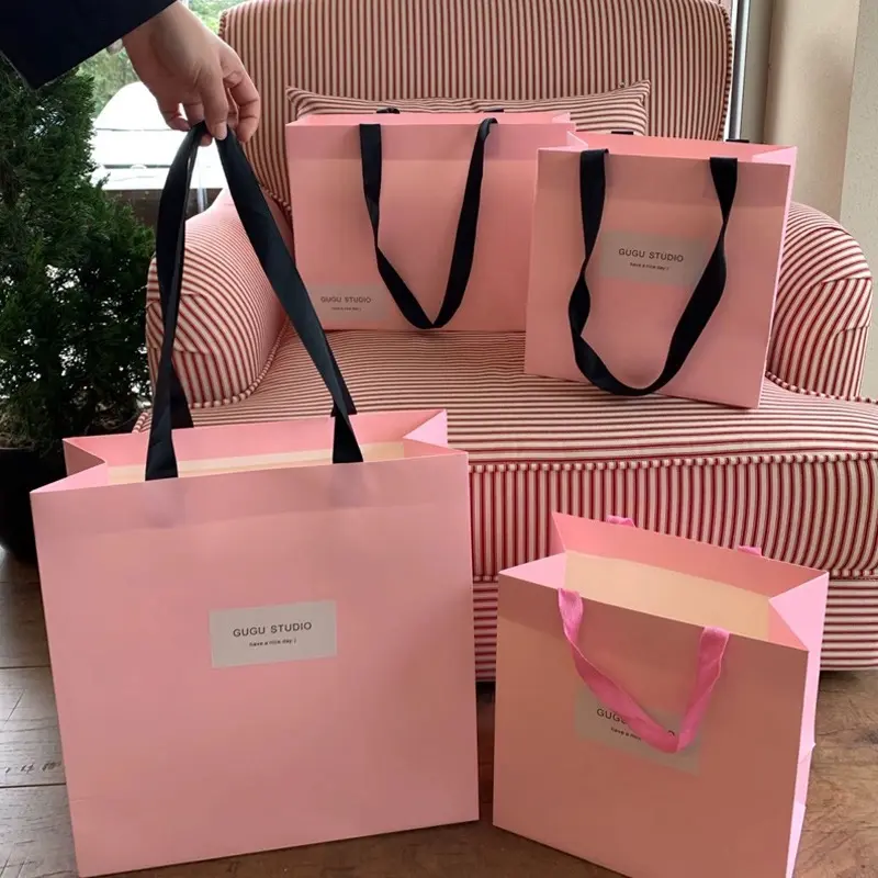 Alla moda, confezione in cartone Boutique di stoffa stampata personalizzata, borsa regalo di lusso rosa, borse per la spesa con loghi