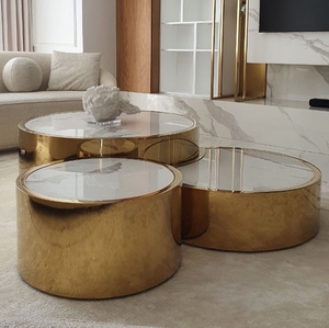 MR <strong>3</strong> Pieces Living Room Coffee <strong>Table</strong> <strong>Set</strong> Stainless Steel High-End Accent <strong>Table</strong> Villa Glass Side <strong>Table</strong> - Product Image 1