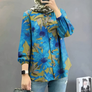 Orta doğu Malay yeni kadın müslüman çiçek gömlek moda kabarcı<span class=keywords><strong>k</strong></span> kollu