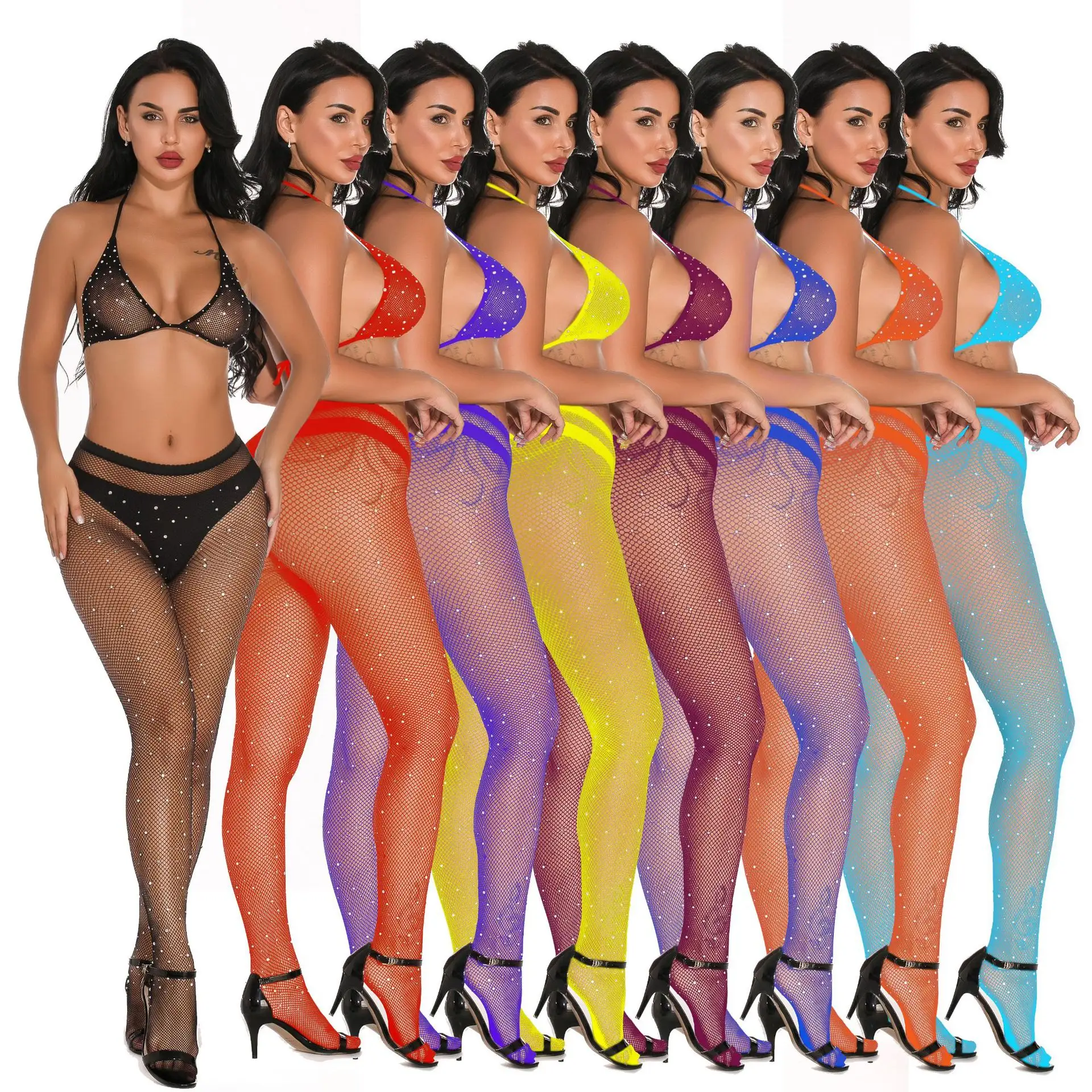 Sexy Netz strümpfe Erotische Frauen Body suits Bling Neon Mesh Open Crotch Crotch less Strumpfhosen Strumpfhosen Damen Sets Dessous