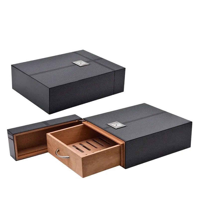 Customize Lacquered Wooden Cigar Box High Grade Wooden Gift Box Packaging Carbon Fiber Creative Cigar Humidor Drawer Wooden Box