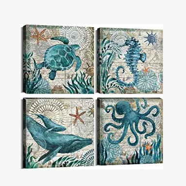 Duvar dekoratif tablolar yüksek kaliteli plaj banyo dekor duvar sanatı deniz kaplumbağası denizcilik banyo resimleri kıyı ahtapot tuval boyama