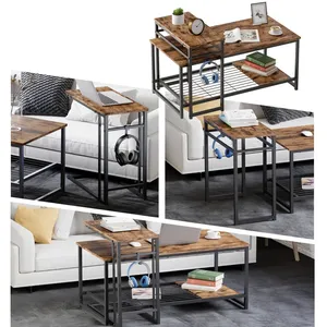 <strong>Rectangular</strong> Two-tier Coffee <strong>Table</strong> Designed With Metal Net and Wood Board, <strong>Nesting</strong> <strong>Table</strong> Comes With a Sofa Side <strong>Table</strong> - Product Image 2