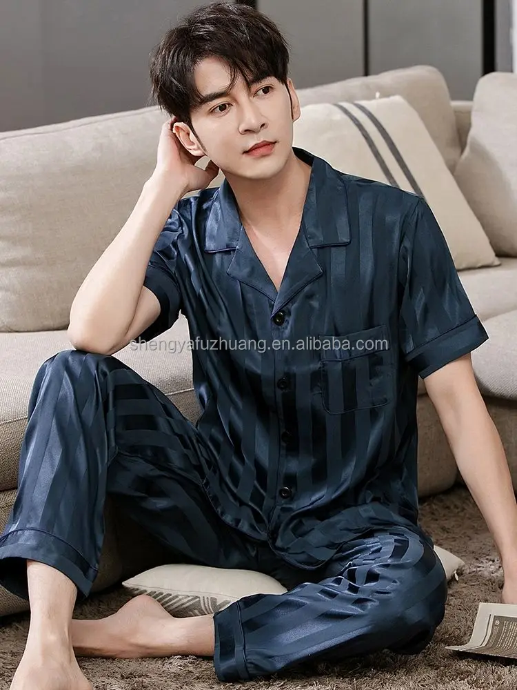 Button up 100% silk 2pcs Set Shirt Mens silk Pyjamas Plus Size Men Night Wear Men's Pajamas Night Suit 7-15 Days