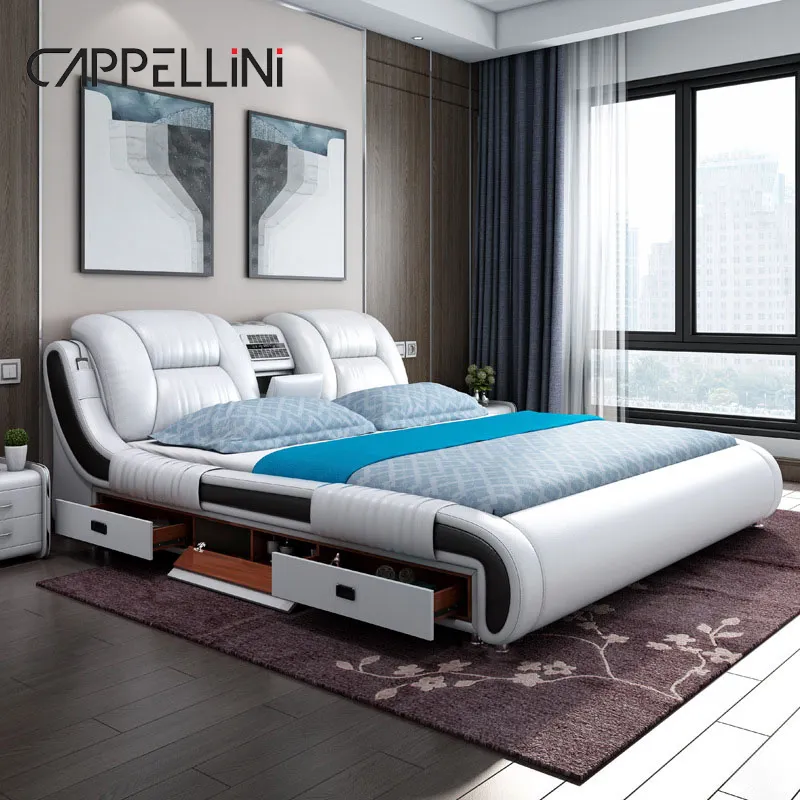 Nouveau design multifonctionnel de lit de luxe intelligent King Size Ensemble de chambre à coucher Mobilier moderne Lit en cuir intelligent Queen Size avec massage